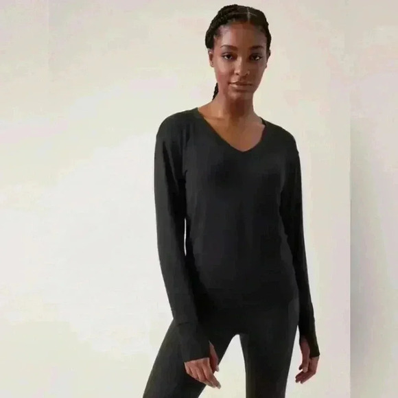 Athleta Sunrise V Neck Sweatshirt Womens Size Small Black Soft - Picture 1 of 6